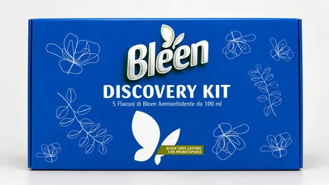 Confezione blu del Discovery Kit Bleen, con cinque ammorbidenti da 100 ml
